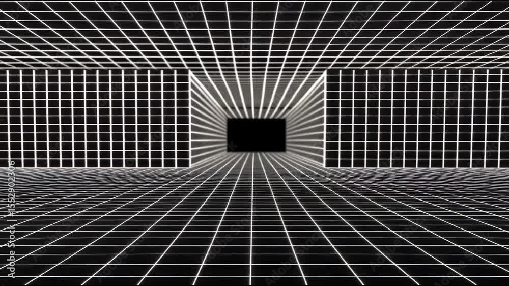 A black and white grid forms a three dimensional room creating an abstract geometric pattern