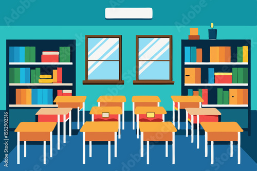 Classroom Learning Environment  Desks, Bookshelves, and Windows in a Bright and Inviting Study Space