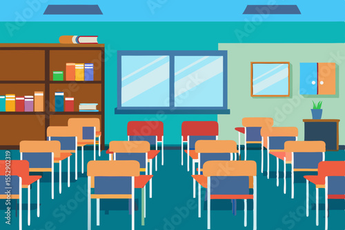 Classroom Learning Environment  Desks, Bookshelves, and a Bright Atmosphere