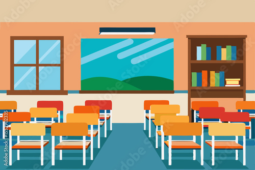 Bright and Airy Classroom Setting Colorful Desks, Bookshelves, and a View