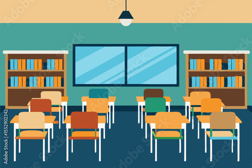 Classroom Learning Environment  Desks, Bookshelves, and a Bright Space for Education