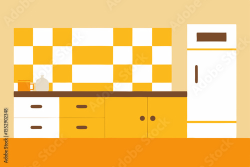 Retro Kitchen Design Yellow and White Checkered Tiles, Minimalist Cabinets