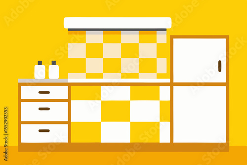 Retro Kitchen Design Yellow and White Checkered Tiles, Simple Cabinets, and Vintage Appeal
