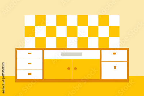 Retro Kitchen Design Yellow and White Checkered Backsplash