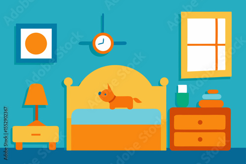 Cozy Bedroom Interior Design Dog on Bed, Minimalist Style