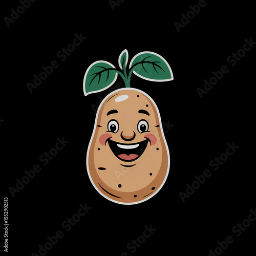 Cartoon potato character with a cheerful expression and green leaves on its head in a playful design