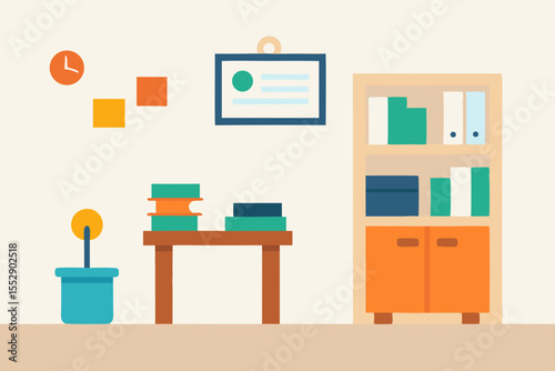 Vector illustration of a home interior design with furniture, bookshelves, and a desk