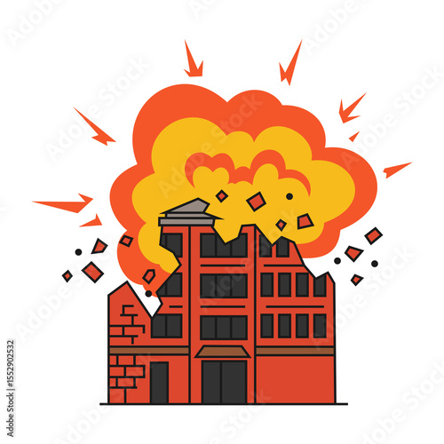 Building exploded a fiery cartoon blast showcases a dramatic comical destruction.
