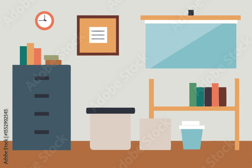 Vector illustration of a home interior design with furniture, bookshelves, and a desk