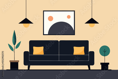 Modern living room interior with comfortable sofa, contemporary furniture, and stylish home design
