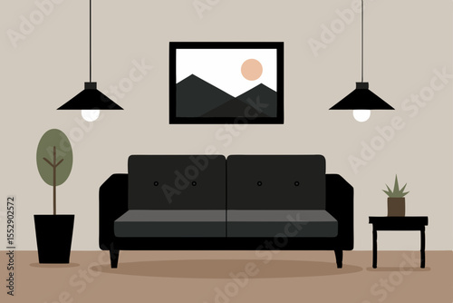 Modern living room interior with comfortable sofa, contemporary furniture, and stylish home design