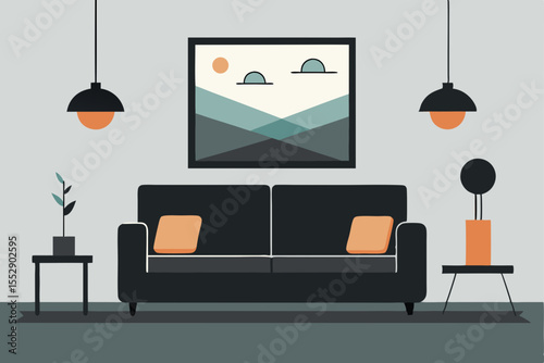 Modern living room interior with comfortable sofa, contemporary furniture, and stylish home design