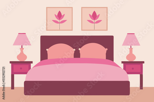 A luxurious hotel bedroom interior with comfortable bedding, a stylish lamp, and modern furniture creates a serene and inviting space