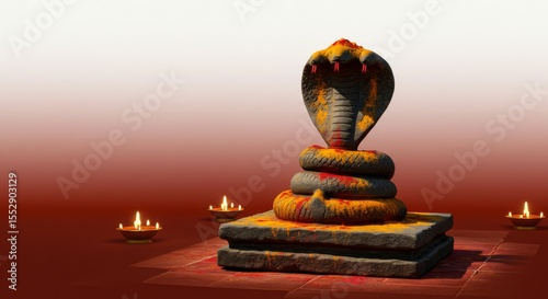 The snake statue is placed on a stone altar with turmeric and crimson markings, the background gradation from ivory white to ochre red.