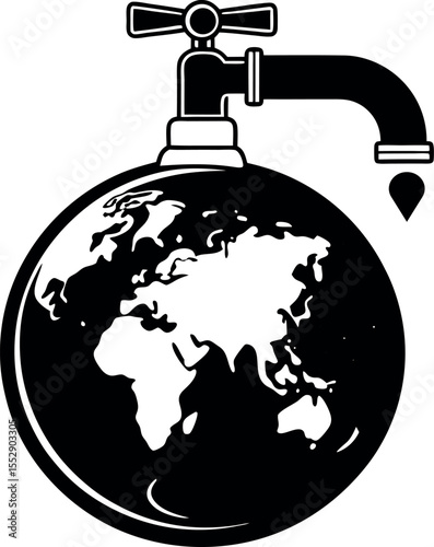 World globe with water tap and drop silhouette vector illustration