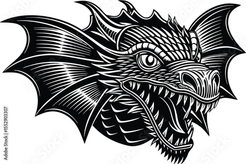 A fierce red dragon head with horns and piercing yellow eyes stares intensely forward