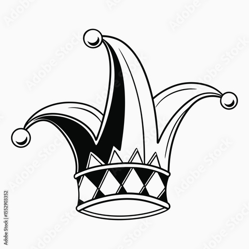 Vintage black and white jester hat illustration with diamond pattern and bells, court joker headwear drawing