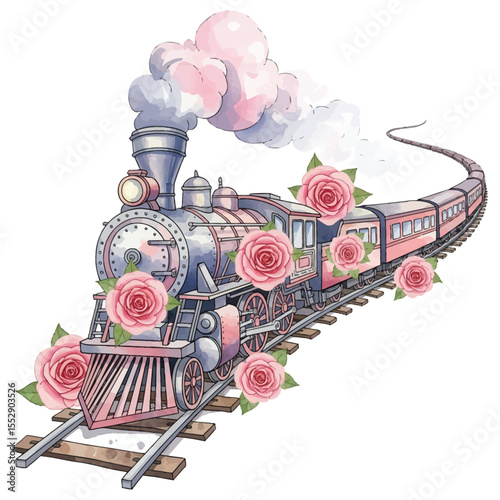 Whimsical Love Train with Roses - Fairytale Journey Illustration