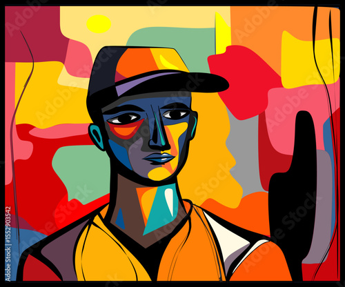 Colorful abstract background, cubism art style, figure with hat