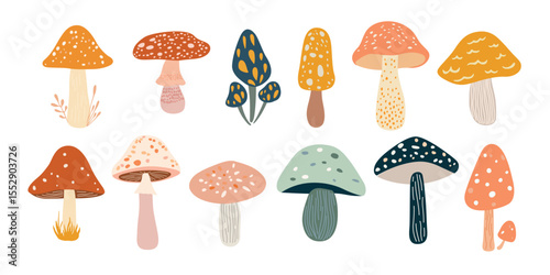 Cute colorful cartoon style mushrooms set. Warming color nature design elements for prints, patterns, stickers. Vector illustration.