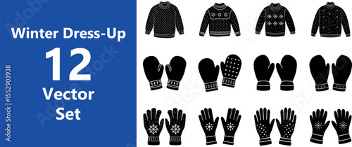 Collection of 12 black winter clothing silhouettes including sweaters and gloves vector isolated on transparent background 