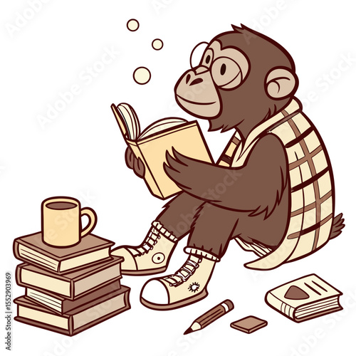 Cute SVG of a Relaxed Chimpanzee in Cozy Reading colors, featuring wearing rain boots in a Bookworm Day setting
