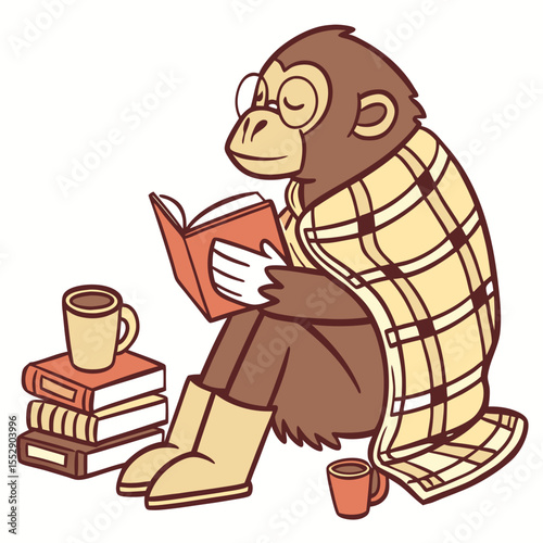 Cute SVG of a Relaxed Chimpanzee in Cozy Reading colors, featuring wearing rain boots in a Bookworm Day setting