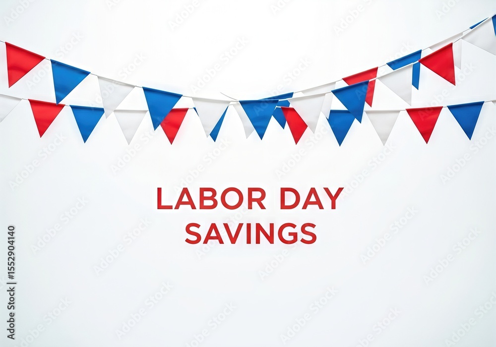 Obraz premium Patriotic Labor Day Savings sign with red, white, and blue bunting banners