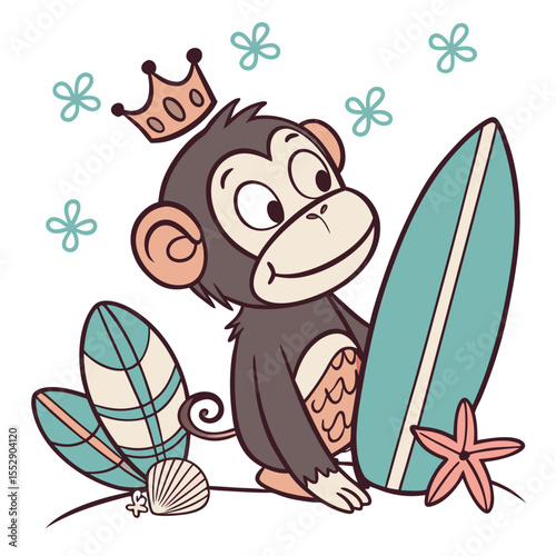 A Happy Chimpanzee with with a tiny crown in a Under the Sea theme – Ocean Dreams palette SVG illustration