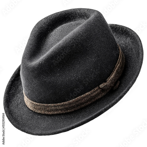 Elegant black felt fedora with brown rope band, classic men’s headwear on white background