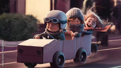 Wallpaper Mural Three joyful children and their dog have an adventure in a homemade cardboard car on a busy city street Torontodigital.ca