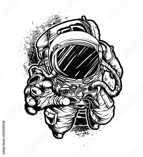  Photo of astronaut illustration in black and white, isolated on white background