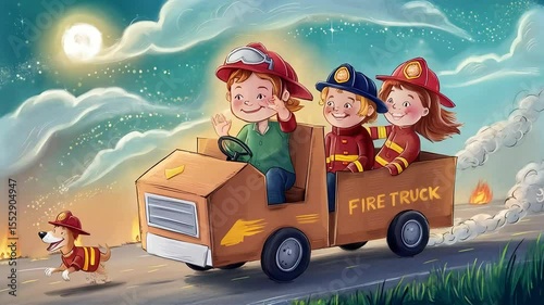 Wallpaper Mural A child firefighter waves while driving a box truck with friends and their dog on a fantasy rescue mission Torontodigital.ca