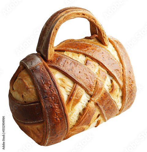 Handbag creatively crafted from loaf of bread, showcasing intricate details and unique design., isolated