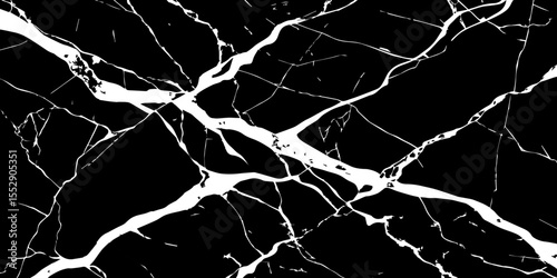 A high-contrast, black and white abstract image showing white cracks spreading from the left and right corners towards an empty black space in the center. 