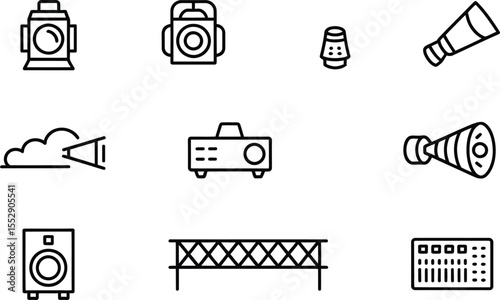 Stage Lighting and Sound Equipment Icons Set, Speakers, Projectors, and Stage Decorations