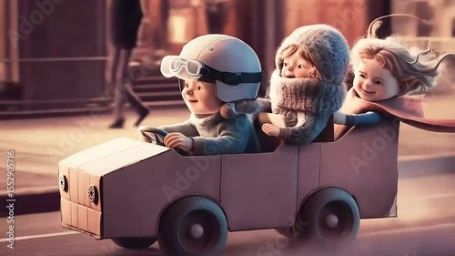 Wallpaper Mural Three joyful children and their dog have an adventure in a homemade cardboard car on a busy city street Torontodigital.ca