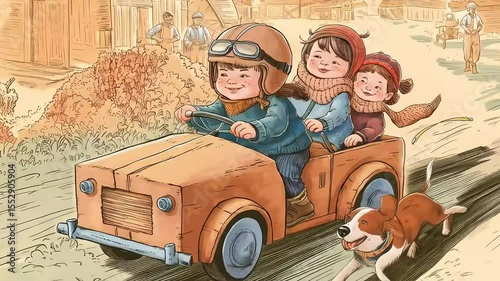 Wallpaper Mural Three girls and their dog joyfully drive a vintage-style cardboard car through a rustic village Torontodigital.ca