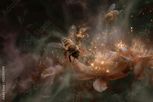 Bees pollinating flowers amid sparkling pollen dust, in a dark fantasy setting with a magical realism style. photo