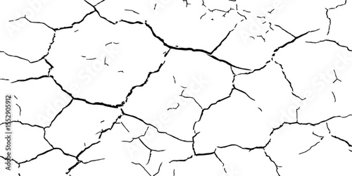 A close-up, high-contrast, black and white image of a cracked surface. The intricate network of cracks, ranging from thick, deep fissures to fine, branching lines, creates a stark and textured pattern