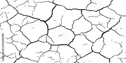A close-up, high-contrast, black and white image of a cracked surface. The intricate network of cracks, ranging from thick, deep fissures to fine, branching lines, creates a stark and textured pattern