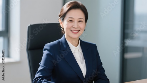 A smiling middle-aged Asian female business owner.	