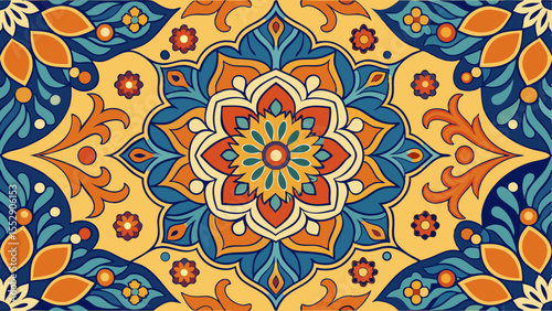 Ornate floral pattern with a central mandala design, offering a rich cultural aesthetic with vibrant colors for backgrounds and designs.
