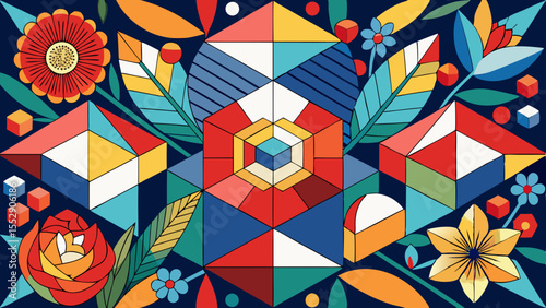 Vibrant geometric flower garden offers a striking design, ideal for stylized backgrounds and modern, colorful graphical elements.