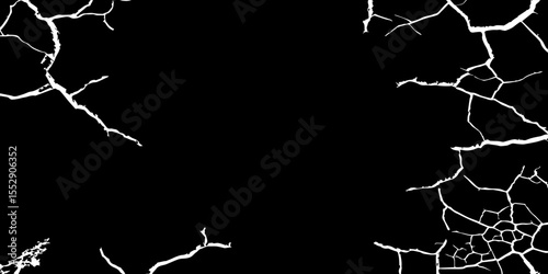 A high-contrast, black and white abstract image showing white cracks spreading from the left and right corners towards an empty black space in the center. 