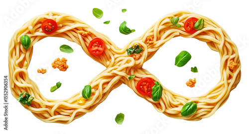 Udon noodles form infinity symbol with vibrant toppings like tomatoes and basil, creating playful and appetizing design., isolated