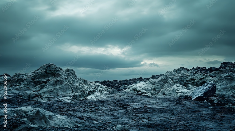 Obraz premium Dark Fantasy Landscape, Rocky Terrain, Stormy Sky, Alien Planet, Dramatic Scene, Gloomy Atmosphere, Mysterious World, Desolate Environment