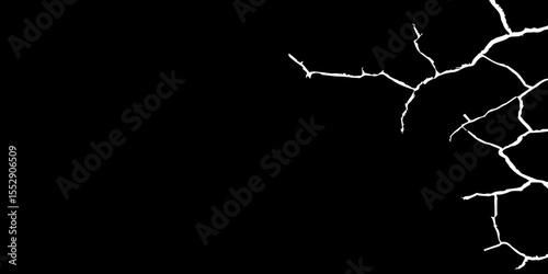 A high-contrast, black and white abstract image showing white cracks spreading from the left and right corners towards an empty black space in the center. 