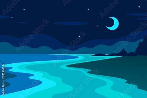 Serene Nightscape Moonlit River Winding Through Mountains