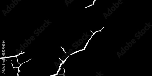 A high-contrast, black and white abstract image showing white cracks spreading from the left and right corners towards an empty black space in the center. 